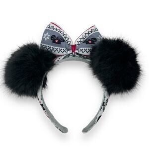 Disney Minnie Mouse Holiday Christmas Faux Fur Fuzzy Ears Sweater Bow Headband